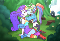 Size: 1037x720 | Tagged: safe, artist:raridashdoodles, imported from derpibooru, rainbow dash, rarity, human, equestria girls, equestria girls series, sunset's backstage pass!, spoiler:eqg series (season 2), blushing, bush, eyes closed, female, flower, forest, kiss on the lips, kissing, lesbian, music festival outfit, raridash, shipping, tree stump
