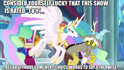 Size: 1229x691 | Tagged: safe, edit, edited screencap, imported from derpibooru, screencap, discord, princess celestia, princess luna, twilight sparkle, alicorn, the ending of the end, angry, caption, cowering, image macro, meta, text, threat, throne room, twilight sparkle (alicorn)