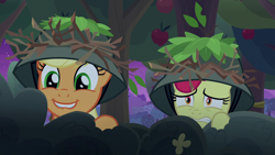 Size: 1280x720 | Tagged: safe, imported from derpibooru, screencap, apple bloom, applejack, earth pony, pony, going to seed, scared, smiling