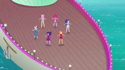 Size: 1920x1080 | Tagged: artist needed, safe, imported from derpibooru, fluttershy, pinkie pie, rainbow dash, rarity, sci-twi, sunset shimmer, twilight sparkle, equestria girls, i'm on a yacht, spoiler:eqg series (season 2), aerial view, luxe deluxe