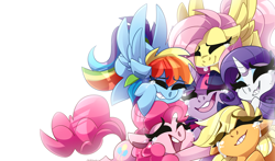 Size: 3800x2234 | Tagged: safe, artist:nekosnicker, imported from derpibooru, applejack, fluttershy, pinkie pie, rainbow dash, rarity, twilight sparkle, alicorn, earth pony, pegasus, pony, unicorn, crying, cute, digital art, eyes closed, female, group hug, hug, mane six, mare, smiling, twilight sparkle (alicorn)