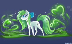 Size: 2100x1300 | Tagged: safe, artist:celes-969, artist:spirit-fire360, imported from derpibooru, oc, oc only, oc:minty root, pony, unicorn, abstract background, bow, female, mare, pointy ponies, solo