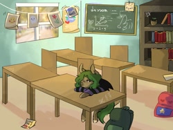 Size: 1200x900 | Tagged: safe, artist:ametffe, artist:amethesaladhair, imported from derpibooru, oc, oc only, pony, backpack, chalkboard, classroom, solo