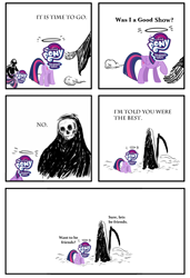 Size: 2000x2916 | Tagged: safe, imported from derpibooru, twilight sparkle, alicorn, human, pony, bittersweet, bone, comic, female, friendship, friendshipping, grim reaper, it's time to go, mare, meme, simple background, skeleton, skull, twilight sparkle (alicorn)