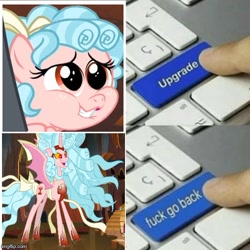 Size: 500x501 | Tagged: safe, edit, edited screencap, imported from derpibooru, screencap, cozy glow, alicorn, pegasus, pony, the beginning of the end, the ending of the end, alicornified, bow, cozycorn, faic, female, filly, finger, fuck go back, giant demon alicorn cozy glow, keyboard, meme, nsfw tags, race swap, tail bow, text, upgrade, upgrade meme, vulgar, watermark