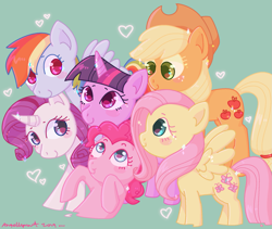 Size: 1879x1584 | Tagged: safe, artist:halfrobin, imported from derpibooru, applejack, fluttershy, pinkie pie, rainbow dash, rarity, twilight sparkle, earth pony, pegasus, pony, unicorn, friendship is magic, applejack's hat, cowboy hat, female, green background, hat, heart, mane six, mare, scene interpretation, simple background