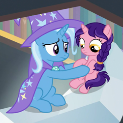 Size: 689x689 | Tagged: safe, imported from derpibooru, screencap, candy grapes, raspberry dazzle, trixie, pony, unicorn, the ending of the end, concerned, cropped, duo, female, filly, helping, holding a pony, mare