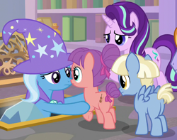 Size: 840x661 | Tagged: safe, imported from derpibooru, screencap, starlight glimmer, strawberry swing, trixie, water spout, earth pony, pegasus, pony, unicorn, the ending of the end, butt, colt, cropped, female, filly, friendship student, helping, male, plot, school of friendship