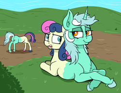 Size: 3837x2947 | Tagged: safe, artist:paskanaakka, derpibooru exclusive, imported from derpibooru, bon bon, lyra heartstrings, sweetie drops, buttpony, earth pony, pony, unicorn, do princesses dream of magic sheep, bon bon is not amused, butt, chest fluff, colored hooves, duo, ear fluff, female, fusion, lyrabon (fusion), mare, plot, pushmi-pullyu, reverse fusion, smiling, unamused, unshorn fetlocks, wat