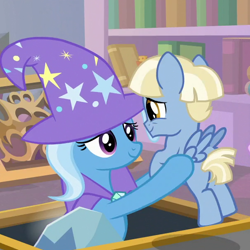 Size: 604x603 | Tagged: safe, imported from derpibooru, screencap, trixie, water spout, pegasus, pony, unicorn, the ending of the end, animation error, butt, colt, concerned, cropped, duo, eye contact, female, friendship student, helping, holding a pony, looking at each other, male, mare, plot, school of friendship, smiling