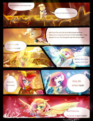 Size: 3000x3882 | Tagged: safe, artist:aquagalaxy, imported from derpibooru, applejack, fluttershy, mayor mare, pinkie pie, rainbow dash, rarity, earth pony, pegasus, pony, unicorn, comic:a forgotten tragedy, armor, clothes, comic, dialogue, epic, fantasy class, female, mane five, mare, shadowed memories, spread wings, wings
