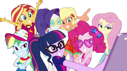 Size: 1280x720 | Tagged: safe, deleted from derpibooru, edit, edited screencap, editor:larryboyfan1996, imported from derpibooru, screencap, applejack, fluttershy, pinkie pie, rainbow dash, rarity, sci-twi, sunset shimmer, twilight sparkle, equestria girls, equestria girls series, i'm on a yacht, spoiler:eqg series (season 2), background removed, humane five, humane seven, humane six