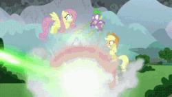 Size: 640x360 | Tagged: safe, imported from derpibooru, screencap, applejack, fluttershy, queen chrysalis, rarity, spike, changeling, changeling queen, dragon, earth pony, pegasus, pony, unicorn, the ending of the end, animated, barrier, butt, female, fight, fire, fire breath, gif, laser, mare, plot, ultimate chrysalis