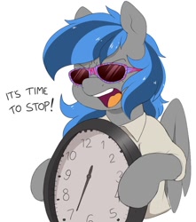 Size: 862x974 | Tagged: safe, artist:littlebibbo, imported from derpibooru, oc, oc only, oc:bibbo, pegasus, pony, clock, clothes, female, filthy frank, holding, it's time to stop, mare, meme, open mouth, parody, simple background, solo, sunglasses, text, white background