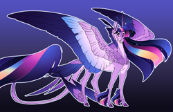 Size: 5100x3300 | Tagged: safe, artist:turnipberry, imported from derpibooru, twilight sparkle, alicorn, pony, the last problem, absurd resolution, alternate universe, ascension au!, blue background, cheek feathers, cloven hooves, colored wings, colored wingtips, feathered fetlocks, female, headcanon, leonine tail, mare, multicolored mane, multicolored wings, redesign, simple background, smiling, solo, tail feathers, twilight sparkle (alicorn), wings