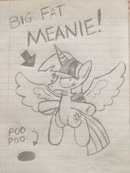 Size: 3264x2448 | Tagged: safe, imported from derpibooru, twilight sparkle, alicorn, pony, marks for effort, big fat meanie, drawing, female, implied cozy glow, lined paper, monochrome, new student starfish, scene interpretation, solo, spongebob squarepants, tongue out, traditional art, twilight sparkle (alicorn)