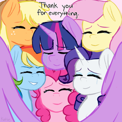 Size: 3000x3000 | Tagged: safe, artist:cosmiickatie, imported from derpibooru, applejack, fluttershy, pinkie pie, rainbow dash, rarity, twilight sparkle, alicorn, earth pony, pegasus, pony, unicorn, crying, end of ponies, eyes closed, female, high res, hug, mane six, mare, thank you, twilight sparkle (alicorn), winghug