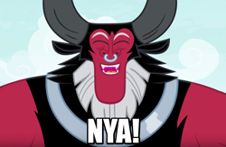 Size: 746x485 | Tagged: safe, edit, edited screencap, imported from derpibooru, screencap, lord tirek, centaur, the ending of the end, adorable face, caption, cropped, cute, cute little fangs, eyes closed, fangs, happy, image macro, male, nose piercing, nose ring, nya, open mouth, piercing, septum piercing, smiling, solo, text, tirebetes, when he smiles