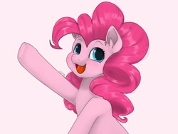 Size: 2048x1536 | Tagged: safe, artist:siripim111, imported from derpibooru, pinkie pie, earth pony, pony, blue eyes, cute, diapinkes, ear fluff, female, half body, open mouth, open smile, pink background, simple background, smiling, solo, white background