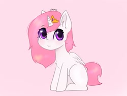 Size: 2048x1536 | Tagged: safe, artist:siripim111, imported from derpibooru, princess celestia, alicorn, pony, cewestia, cute, cutelestia, ear fluff, female, filly, pink background, pink-mane celestia, simple background, sitting, solo, young, young celestia, younger