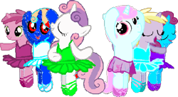 Size: 958x521 | Tagged: safe, artist:angrymetal, imported from derpibooru, dinky hooves, ruby pinch, sweetie belle, oc, oc:angrymetal, oc:ballet star, oc:berry blue, pony, 1000 hours in ms paint, arms in the air, arms out, ballerina, ballerinas, ballet, ballet slippers, clothes, en pointe, needs more jpeg, pincherina, simple background, sweetierina, transparent background, tutu, tutus