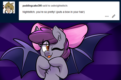 Size: 3840x2550 | Tagged: safe, artist:shibaroll, imported from derpibooru, oc, oc only, oc:night stitch, bat pony, pony, ask night stitch, ask, awww, bat wings, bow, cute, eye clipping through hair, one eye closed, solo, tumblr, wings, wink