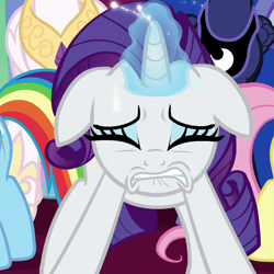 Size: 907x907 | Tagged: safe, imported from derpibooru, screencap, fluttershy, princess celestia, princess luna, rainbow dash, rarity, alicorn, pegasus, pony, unicorn, the ending of the end, concentrating, cropped, female, glowing horn, grimace, gritted teeth, horn, mare, ouch, pain, sparks