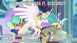 Size: 1920x1080 | Tagged: safe, edit, edited screencap, imported from derpibooru, screencap, discord, princess celestia, princess luna, twilight sparkle, alicorn, draconequus, pony, the ending of the end, angry, bad, cowering, discord drama, dragon ball, dragonball z abridged, duckery in the comments, female, flying, goku, hoof shoes, male, mare, meme, piccolo (dbz), piccolo (dragon ball), series finale drama, son goku, team four star, throne room, user meltdown in the comments, yelling