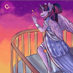 Size: 948x948 | Tagged: safe, artist:last-star-oc, imported from derpibooru, twilight sparkle, twilight sparkle (alicorn), alicorn, anthro, the last problem, clothes, coronation, coronation dress, crescent moon, dress, female, moon, second coronation dress, signature, smiling, solo