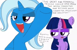 Size: 1336x2048 | Tagged: safe, artist:tenebrousmelancholy, imported from derpibooru, trixie, twilight sparkle, twilight sparkle (alicorn), alicorn, pony, disappointed, duo, protagonist, twilight is not amused, twilight sparkle is not amused, unamused