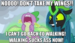 Size: 1156x659 | Tagged: safe, edit, edited screencap, imported from derpibooru, screencap, queen chrysalis, spike, changeling, changeling queen, dragon, the ending of the end, caption, distressed, female, glowing horn, horn, image macro, magic, male, pure unfiltered evil, telekinesis, text, ultimate chrysalis, vulgar, winged spike, wings