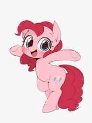 Size: 1024x1366 | Tagged: safe, artist:manachaaaaaaaa, imported from derpibooru, pinkie pie, earth pony, pony, bipedal, cute, diapinkes, female, gray background, mare, open mouth, pixiv, simple background, solo, underhoof