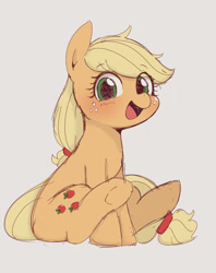 Size: 965x1218 | Tagged: safe, artist:manachaaaaaaaa, imported from derpibooru, applejack, earth pony, pony, cute, daaaaaaaaaaaw, female, gray background, hatless, jackabetes, looking at you, mare, missing accessory, open mouth, pixiv, simple background, sitting, smiling, solo, white background