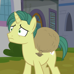 Size: 1078x1078 | Tagged: safe, imported from derpibooru, screencap, dandy dispatch, pony, unicorn, the ending of the end, bag, canterlot, cropped, loot bag, male, nervous, scared, shrunken pupils, solo, stallion, worried