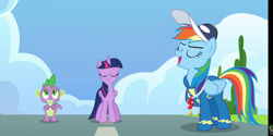 Size: 1620x810 | Tagged: safe, imported from derpibooru, screencap, rainbow dash, spike, twilight sparkle, alicorn, dragon, pegasus, pony, the last problem, baseball cap, cap, clothes, cloud, coach, coach rainbow dash, coaching cap, cute, dashabetes, end of ponies, female, hat, male, mare, rainbow dashs coaching whistle, smiling, twilight sparkle (alicorn), uniform, whistle, whistle necklace, winged spike, wings, wonderbolts, wonderbolts headquarters, wonderbolts uniform