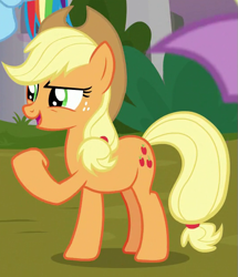 Size: 535x623 | Tagged: safe, imported from derpibooru, screencap, applejack, spike, earth pony, pony, the ending of the end, applejack's hat, clenched fist, cowboy hat, cropped, female, hat, mare, narrowed eyes, raised hoof, solo focus, talking