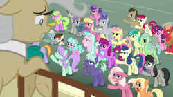 Size: 1920x1080 | Tagged: safe, imported from derpibooru, screencap, amber grain, beachcomber (g4), berry blend, berry bliss, berry punch, big mcintosh, bon bon, coral currents, daisy, doctor whooves, flower wishes, fuchsia frost, granny smith, high tide (g4), lily valley, maud pie, mayor mare, mudbriar, night view, octavia melody, pipsqueak, roseluck, sandbar, silver spoon, slate sentiments, sugar belle, sugar stix, tender brush, time turner, winter lotus, earth pony, pony, unicorn, season 9, the ending of the end, spoiler:s09, angry, background pony, colt, crowd, female, filly, friendship student, male, mare, maud being maud, ponyville, stallion