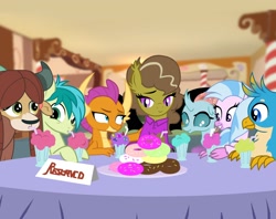 Size: 1700x1346 | Tagged: safe, artist:succubi samus, imported from derpibooru, gallus, ocellus, sandbar, silverstream, smolder, yona, oc, oc:moon pearl, bat pony, changeling, dragon, earth pony, griffon, hippogriff, pony, yak, bat pony oc, cute, diaocelles, diastreamies, donut, dragoness, female, food, gallabetes, happy birthday mlp:fim, imminent weight gain, milkshake, mlp fim's ninth anniversary, patting, sandabetes, show accurate, smiling, smolderbetes, student six, sugarcube corner, ych example, yonadorable, your character here