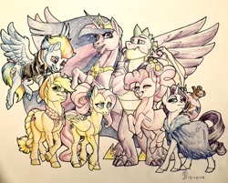 Size: 1600x1284 | Tagged: safe, artist:chickenwhite, imported from derpibooru, applejack, fluttershy, pinkie pie, rainbow dash, rarity, spike, twilight sparkle, twilight sparkle (alicorn), alicorn, dragon, earth pony, pegasus, pony, unicorn, the last problem, appledash, female, lesbian, mane seven, mane six, princess twilight 2.0, shipping, simple background, traditional art, white background