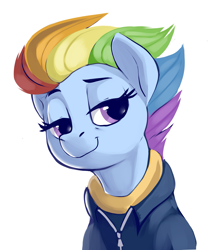 Size: 1753x1959 | Tagged: safe, artist:dimfann, imported from derpibooru, rainbow dash, pegasus, pony, the last problem, clothes, female, hoodie, lidded eyes, looking at you, mare, older, older rainbow dash, simple background, smiling, solo, white background