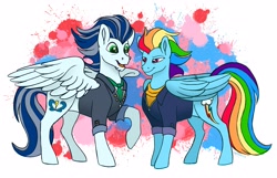 Size: 3375x2173 | Tagged: safe, artist:bella-pink-savage, artist:bellbell123, imported from derpibooru, rainbow dash, soarin', pony, the last problem, abstract background, cute, dashabetes, duo, female, looking at each other, male, older, older rainbow dash, older soarin', shipping, smiling, soarinbetes, soarindash, straight