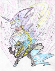 Size: 2403x3094 | Tagged: safe, artist:grimmyweirdy, imported from derpibooru, part of a set, princess luna, tantabus, alicorn, pony, comic:darkest nightmare night, chains, clothes, cosplay, costume, crossover, jojo pose, jojo's bizarre adventure, jotaro kujo, nightmare night, nightmare night costume, star platinum, stars, traditional art