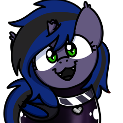 Size: 1000x1000 | Tagged: safe, artist:sugar morning, imported from derpibooru, oc, oc:kuro, alicorn, bat pony, bat pony alicorn, pony, alicorn oc, bat pony oc, bat wings, broken horn, collar, commission, cute, cute little fangs, fangs, horn, latex, latex suit, smiling, sugar morning's smiling ponies, wings, ych result