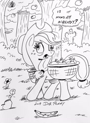 Size: 2595x3547 | Tagged: safe, artist:debmervin, imported from derpibooru, applejack, pony, worm, apple, banana, derp, female, food, monochrome, pear, pumpkin, silly, silly pony, solo, tired, traditional art, who's a silly pony