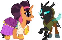 Size: 878x563 | Tagged: safe, artist:cloudy glow, artist:cloudyglow, editor:thomasfan45, imported from derpibooru, saffron masala, thorax, changeling, pony, unicorn, bracelet, clothes, cosplay, costume, crossover, cute, disney, dress, esmeralda, esmeralda (the hunchback of notre dame), hunchback, hunchback of notre dame, jewelry, quasimodo, saffronbetes, shoes, simple background, the hunchback of notre dame, thorabetes, vector, white background, wings