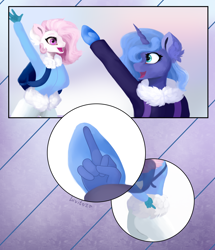 Size: 3096x3600 | Tagged: safe, artist:livitoza, imported from derpibooru, princess celestia, princess luna, alicorn, anthro, clothes, middle finger, royal sisters, vulgar, winter