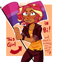 Size: 550x600 | Tagged: safe, artist:jiang-she, imported from derpibooru, sunset shimmer, human, alternate hairstyle, bisexual pride flag, bisexuality, bracelet, choker, clothes, dark skin, ear piercing, earring, female, humanized, jacket, jeans, jewelry, leather jacket, looking at you, meme, pants, piercing, pride flag, signature, solo, this cat is gay and there's nothing you can do about it, torn clothes, wristband