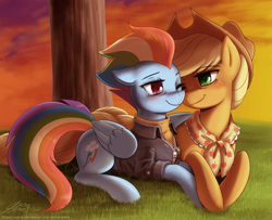 Size: 2000x1621 | Tagged: safe, artist:johnjoseco, imported from derpibooru, applejack, rainbow dash, earth pony, pegasus, pony, the last problem, alternate hairstyle, appledash, applejack's hat, clothes, cowboy hat, duo, female, granny smith's scarf, granny smith's shawl, hat, headcanon, hug, lesbian, mare, older, older applejack, older rainbow dash, prone, shipping, smiling, winghug