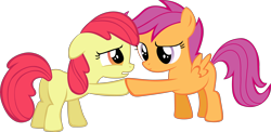 Size: 6650x3240 | Tagged: safe, artist:pangbot, edit, editor:slayerbvc, imported from derpibooru, vector edit, apple bloom, scootaloo, earth pony, pegasus, pony, accessory-less edit, female, filly, missing accessory, simple background, solo, transparent background, vector