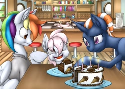 Size: 1063x752 | Tagged: safe, artist:ravvij, imported from derpibooru, surprise, oc, oc only, oc:wandering sunrise, earth pony, pegasus, pony, unicorn, fallout equestria, fallout equestria: dead tree, bar, bar stool, birthday, blue, bun, cake, candle, candy, clothes, concerned, cute, derp, drool, ears, eye, eyes, female, fire, food, funny, happy, hooves, horn, ice cream, ice cream cake, ice cream cone, ice cream shop, male, mane, mare, multicolored hair, parent, pink, poking, project deadtree, rainbow, rainbow hair, scoop, shirt, shop, shoppe, slice, smiling, stallion, stool, table, wandering sunrise, white, wings, wooden